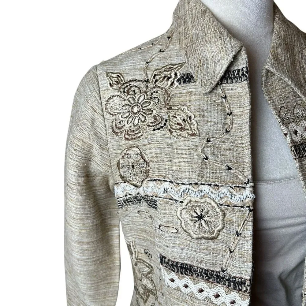 Coldwater Creek Embroidered Linen‎ Blend Jacket Petite PXS | NWT Coastal Grandma